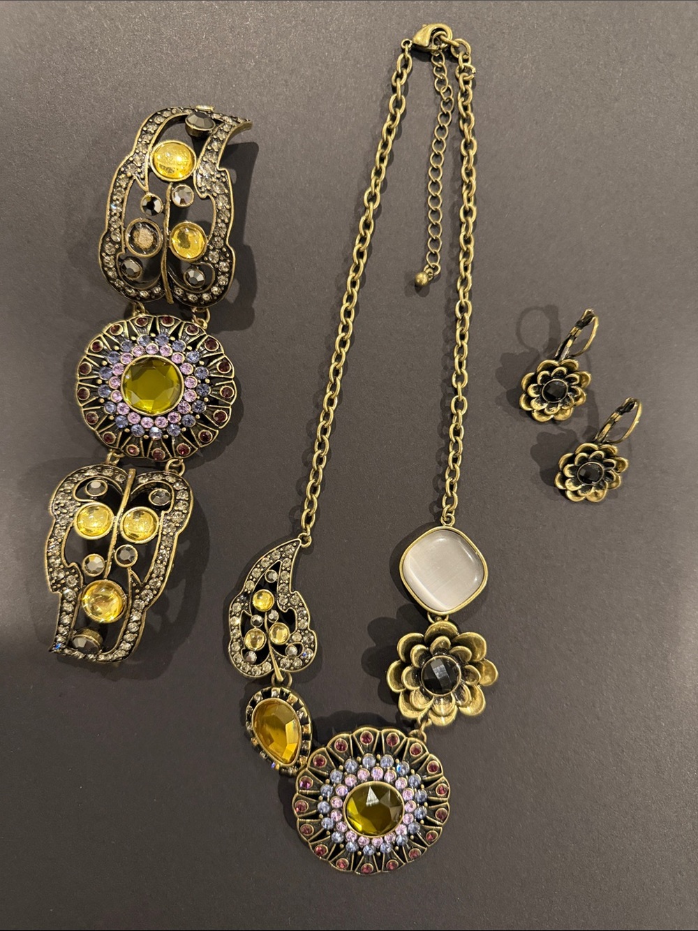 Antique Gold Floral Necklace with Yellow Crystal Accents